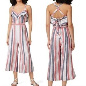 Parker Linen Red and Blue Jumpsuit with Ruffle Sweetheart Neckline